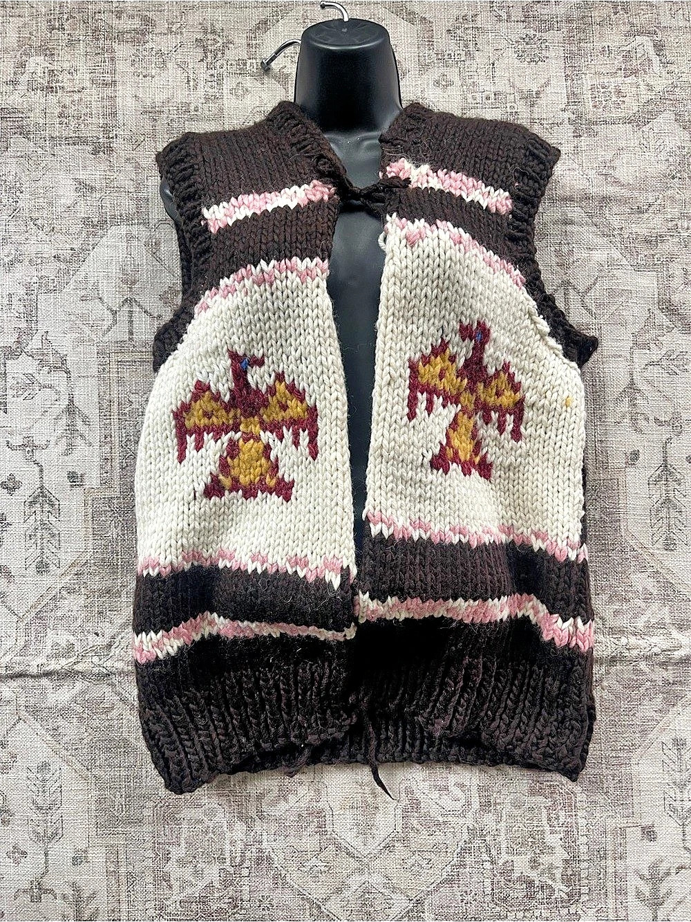 Hand-Knit Cawichan Style Thunderbird 225Sweater Vest Brown & Cream